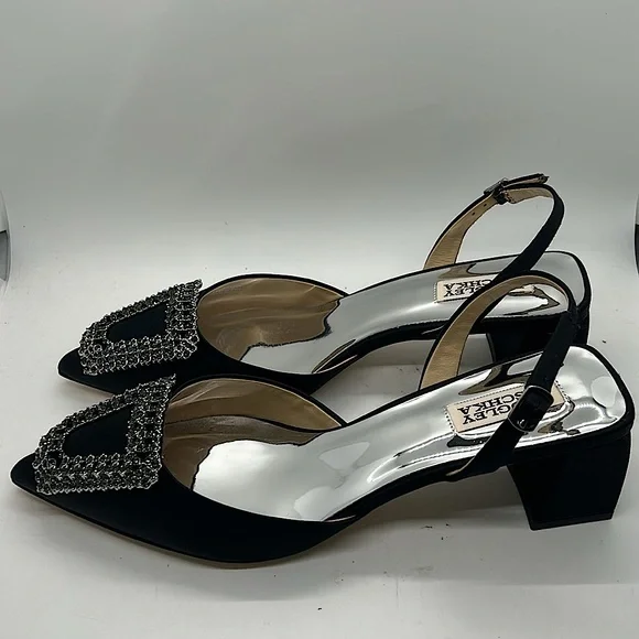 Badgley Mischka NIB “Emmie” Black Satin Crystal Buckle Slingback Sandals *Sz 9* - Picture 5 of 9